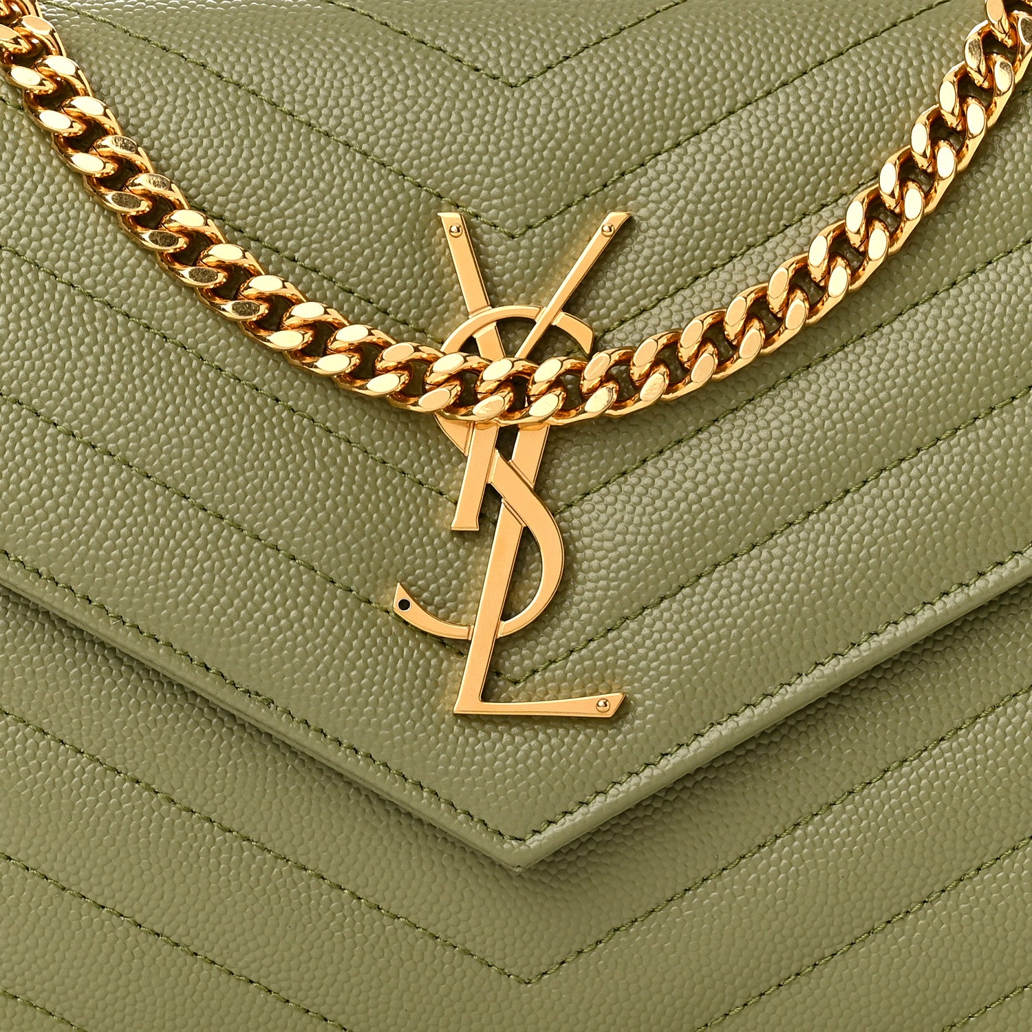 Saint Laurent Grain De Poudre Matelasse Chevron Monogram Chain Wallet Light Sage 7 of 10