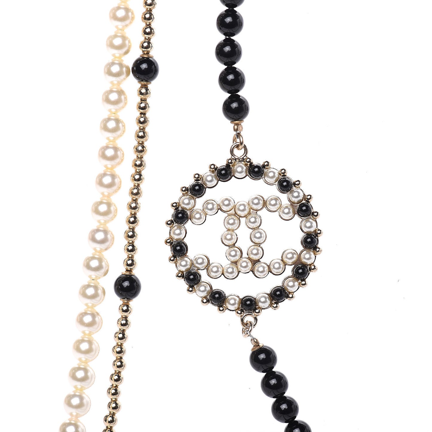 Pearl Beaded CC Multi Strand Long Necklace Black Gold
