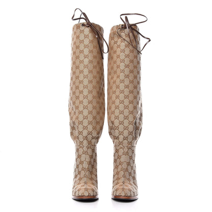 Gucci Monogram Lisa Mid Heel Boots 38 Beige Ebony 2 of 7