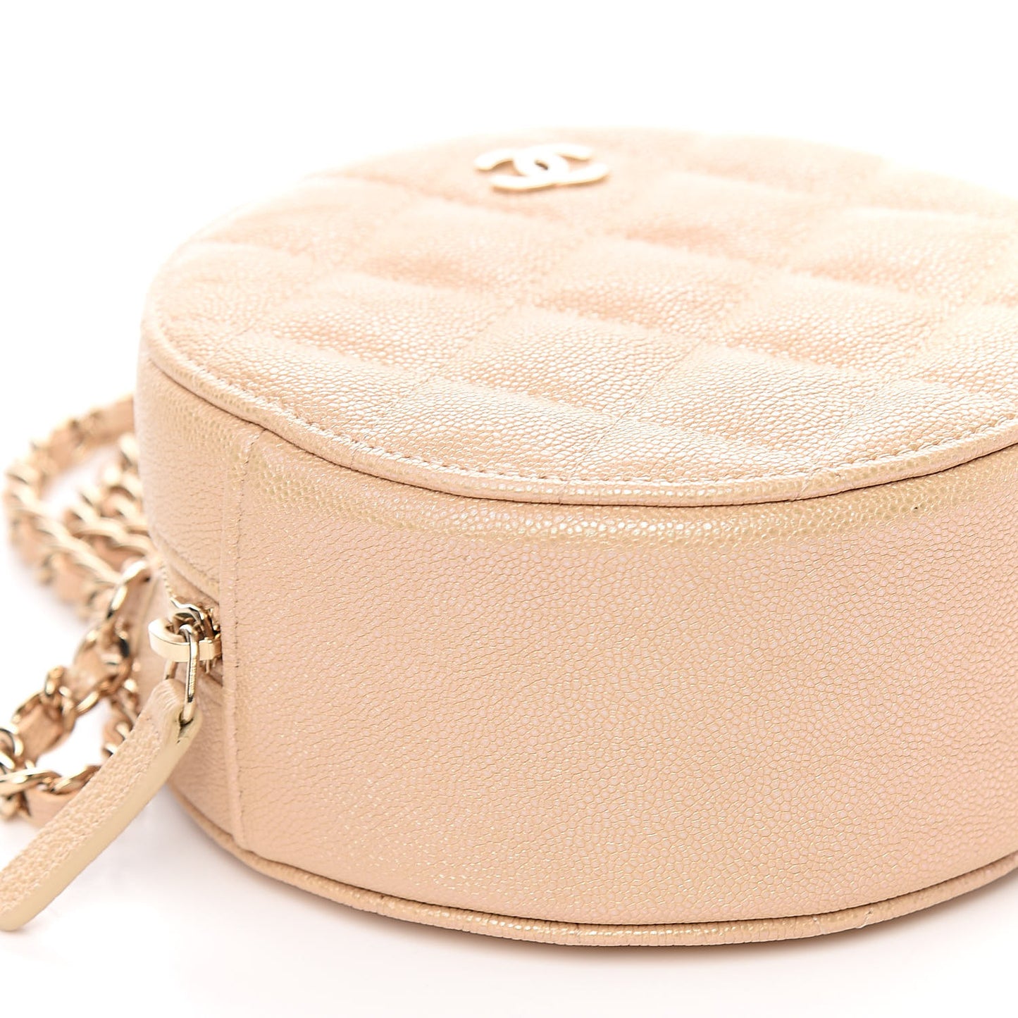 Iridescent Caviar Quilted Round Clutch With Chain Beige