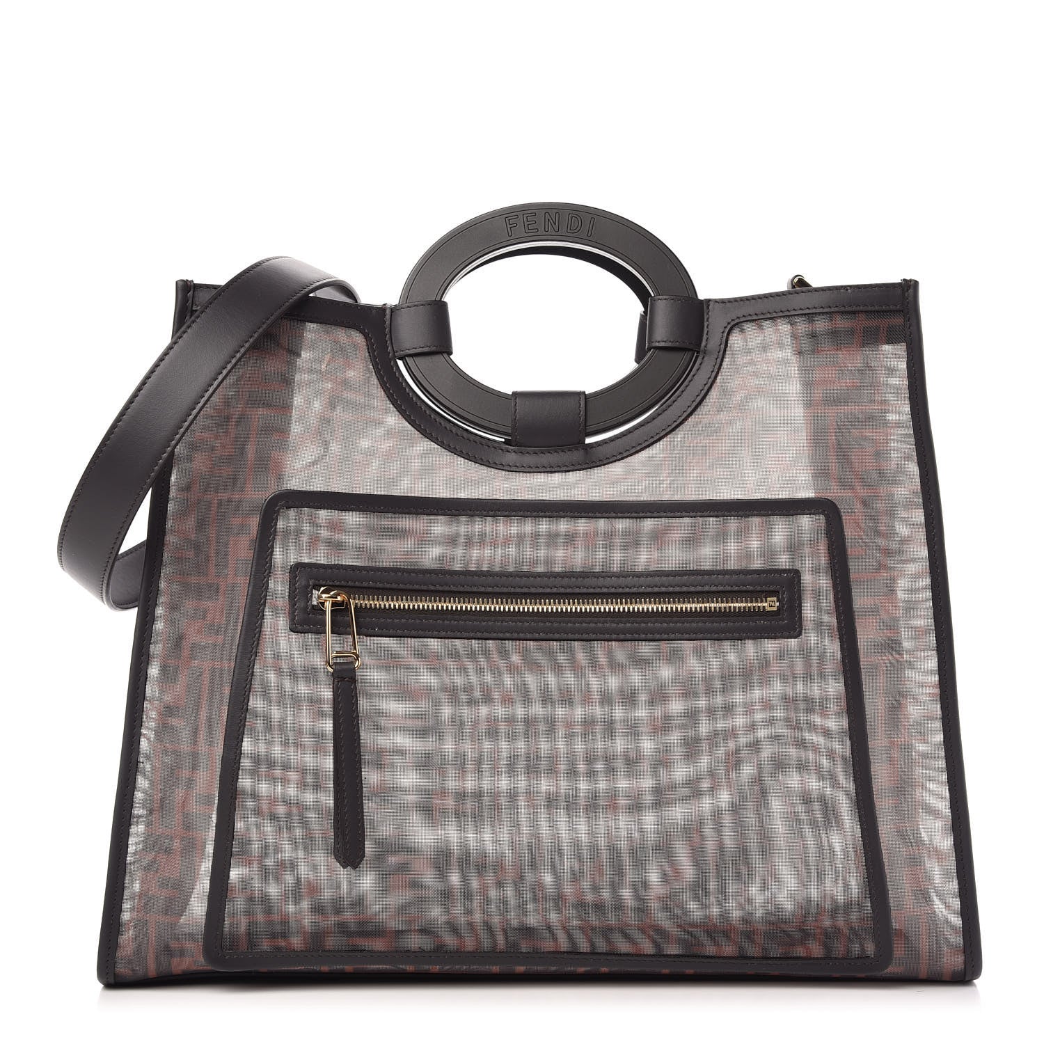 Fendi Mesh Vitello Century Cuoio FF 1974 Medium Runaway Shopper Tote Marrone Black Ebano 1 of 10
