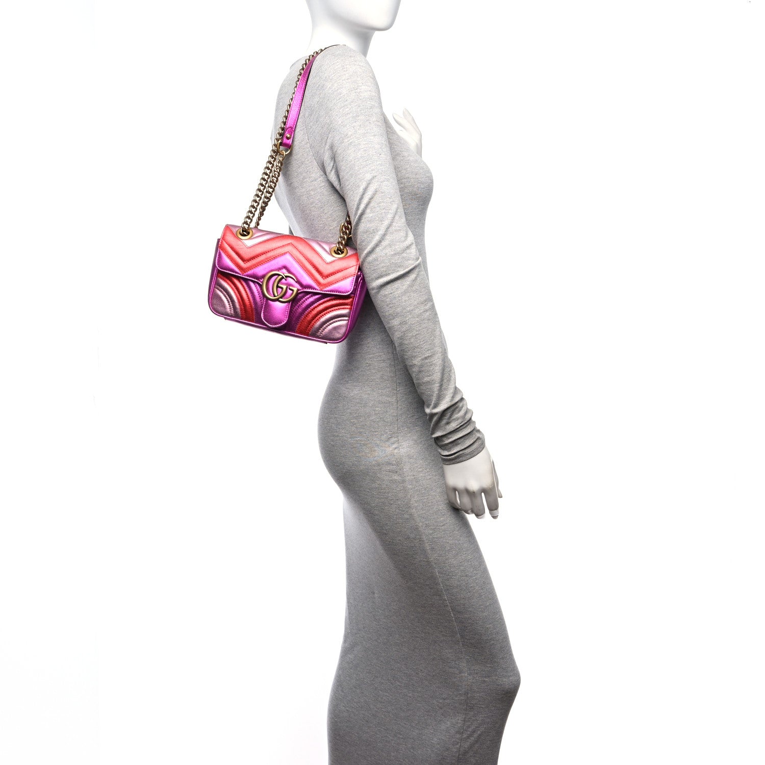 Gucci Metallic Calfskin Matelasse Mini GG Marmont Shoulder Bag Fuchsia 2 of 10