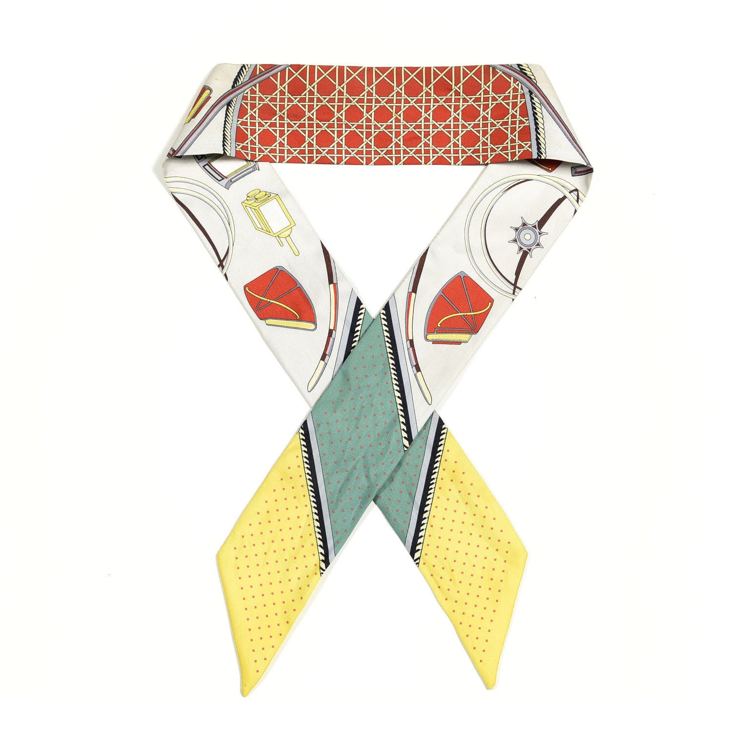 Hermes Silk Les Voitures A Transformation Twilly Gris Perle Rouge Jaune Vif 1 of 3