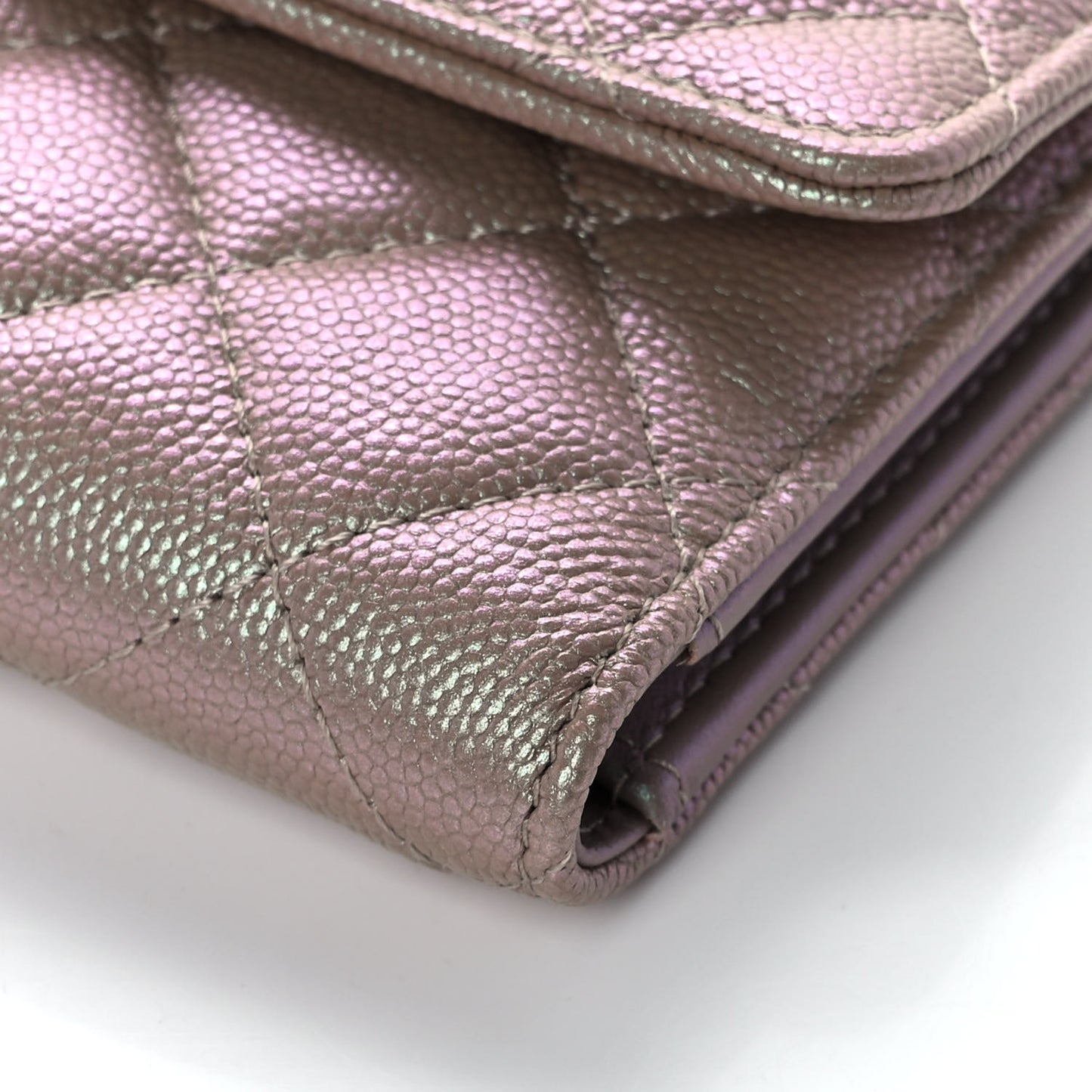Iridescent Caviar Quilted Small Flap Wallet Beige