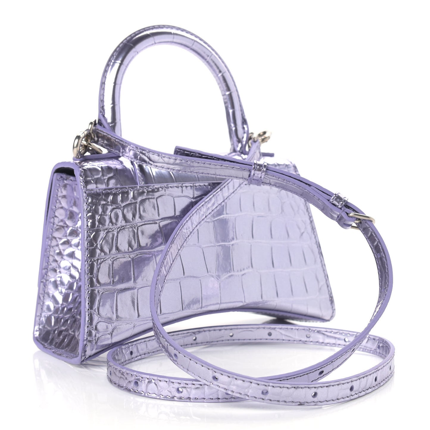 Metallic Calfskin Crocodile Embossed Hourglass Top Handle Bag XS Lilac