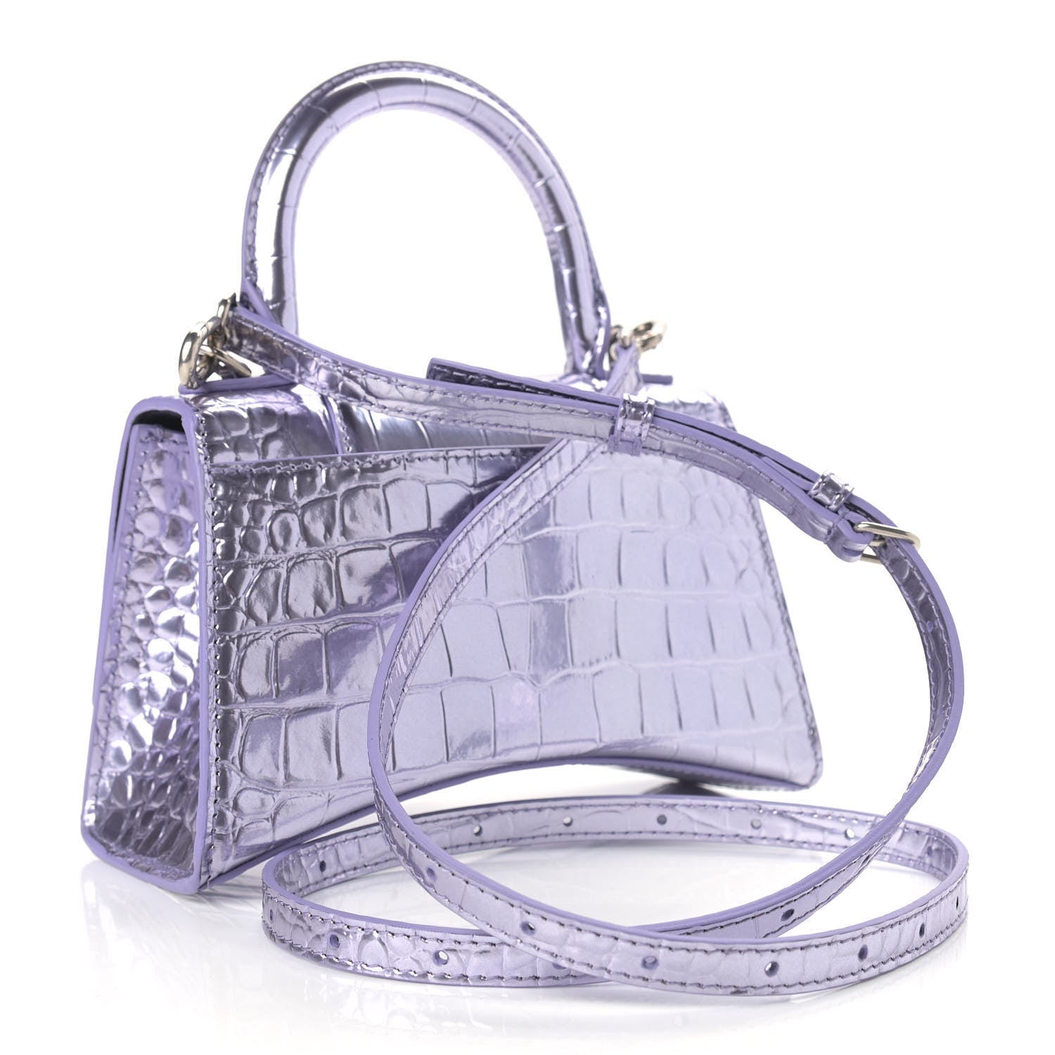 Balenciaga Metallic Calfskin Crocodile Embossed Hourglass Top Handle Bag XS Lilac 3 of 11