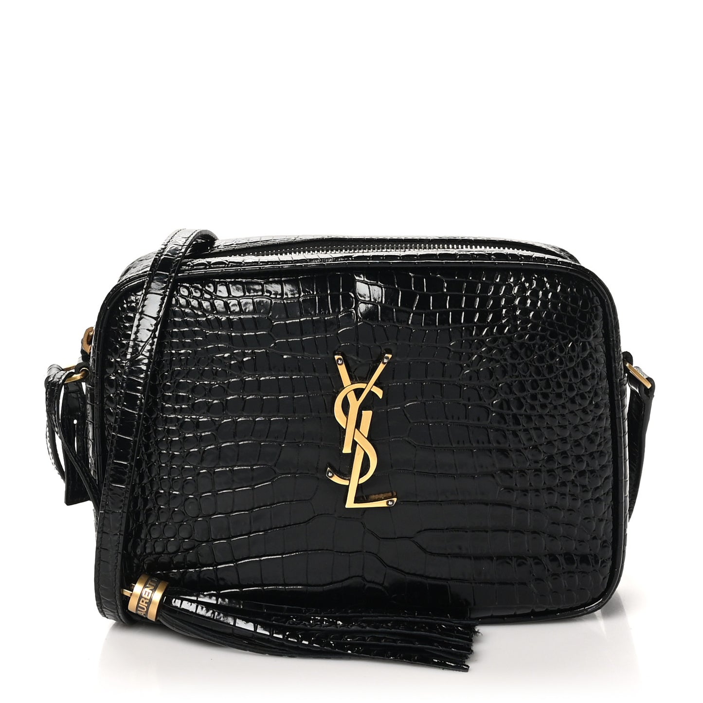 Patent Calfskin Crocodile Embossed Monogram Lou Camera Bag Black