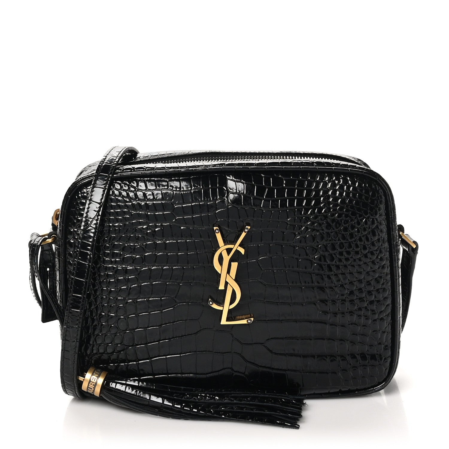 Saint Laurent Patent Calfskin Crocodile Embossed Monogram Lou Camera Bag Black 1 of 10