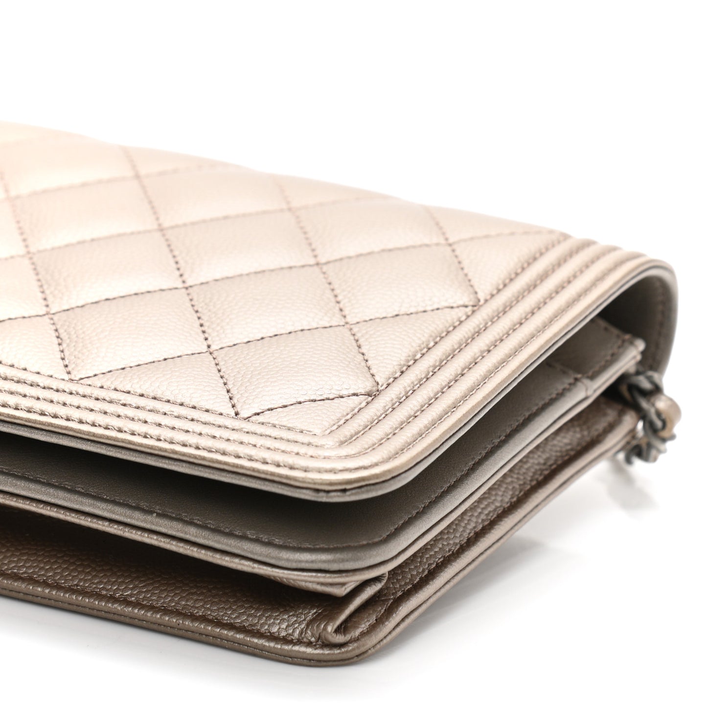 Metallic Caviar Quilted Boy Wallet On Chain WOC Light Gold