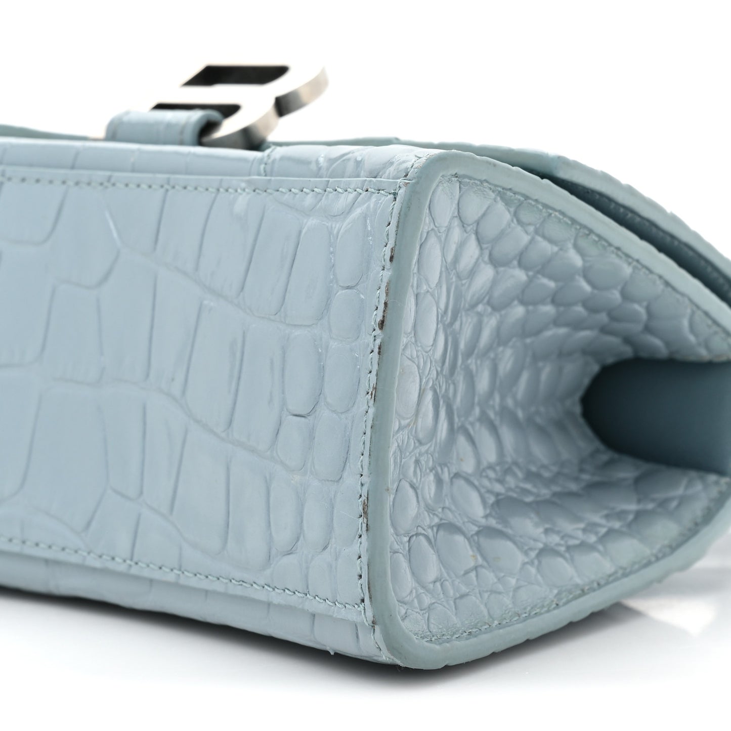 Shiny Calfskin Crocodile Embossed Hourglass Top Handle Bag XS Blue Grey