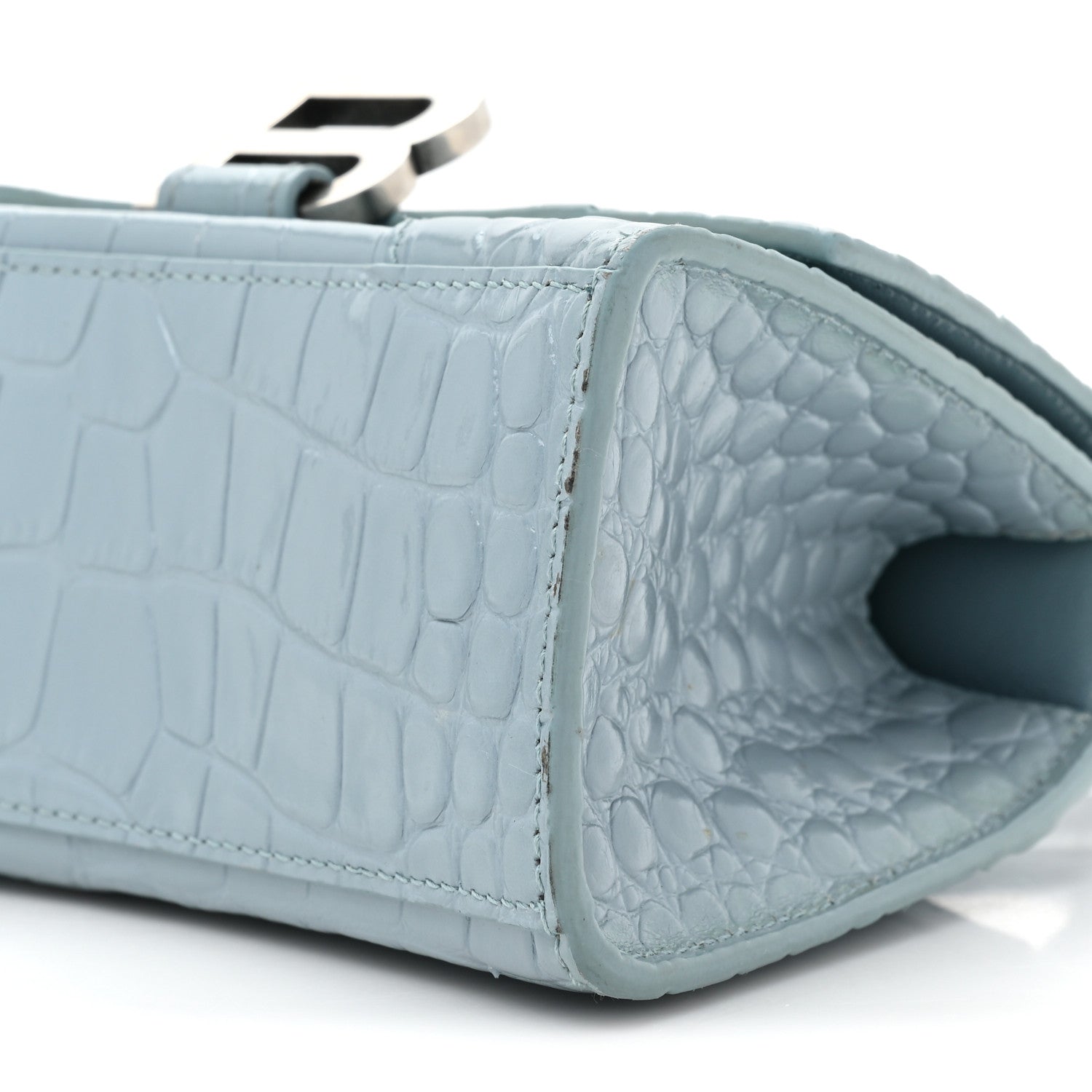 Balenciaga Shiny Calfskin Crocodile Embossed Hourglass Top Handle Bag XS Blue Grey 9 of 15