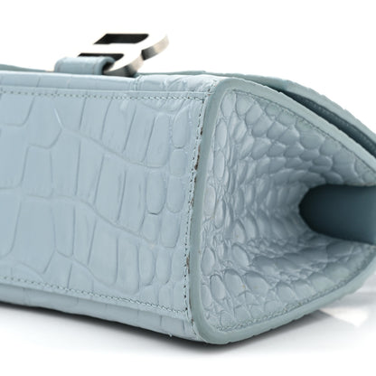 Balenciaga Shiny Calfskin Crocodile Embossed Hourglass Top Handle Bag XS Blue Grey 9 of 15
