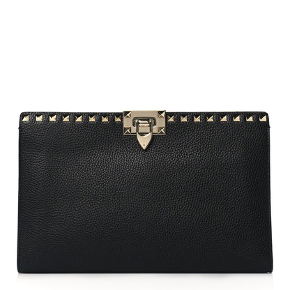 Valentino Garavani Pebbled Calfskin Rockstud Flip Lock Clutch Wallet Black 1 of 9