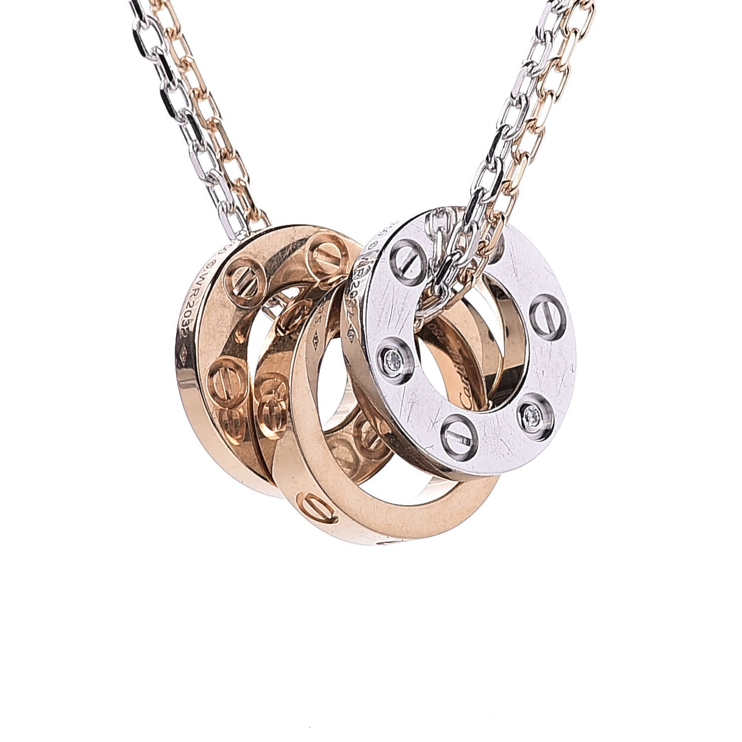 Cartier 18K White Pink Gold Diamond Three Ring LOVE Pendant Necklace 6 of 10