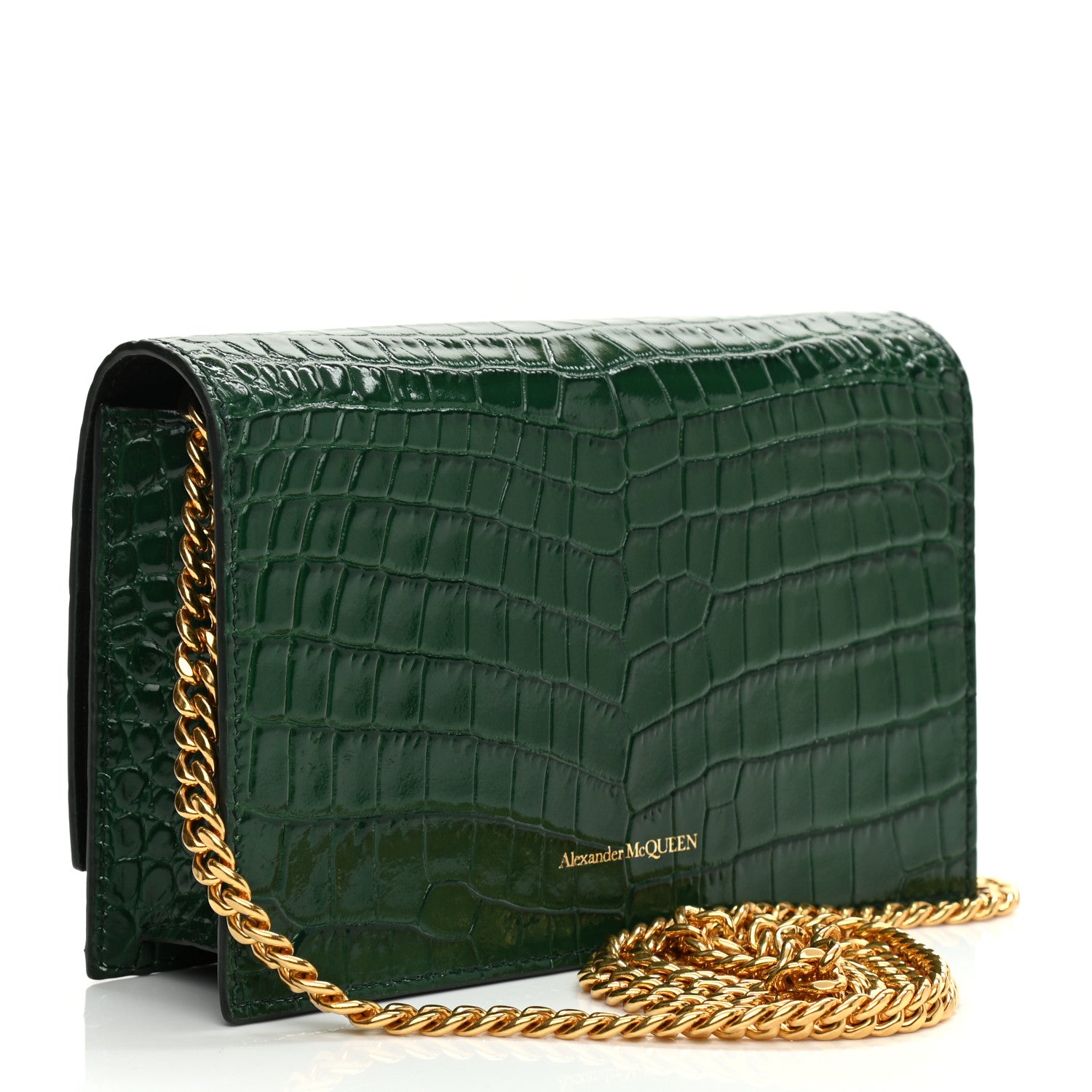 Alexander McQueen Calfskin Crocodile Embossed Skull Mini Crossbody Bag Green 3 of 8