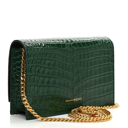 Alexander McQueen Calfskin Crocodile Embossed Skull Mini Crossbody Bag Green 3 of 8