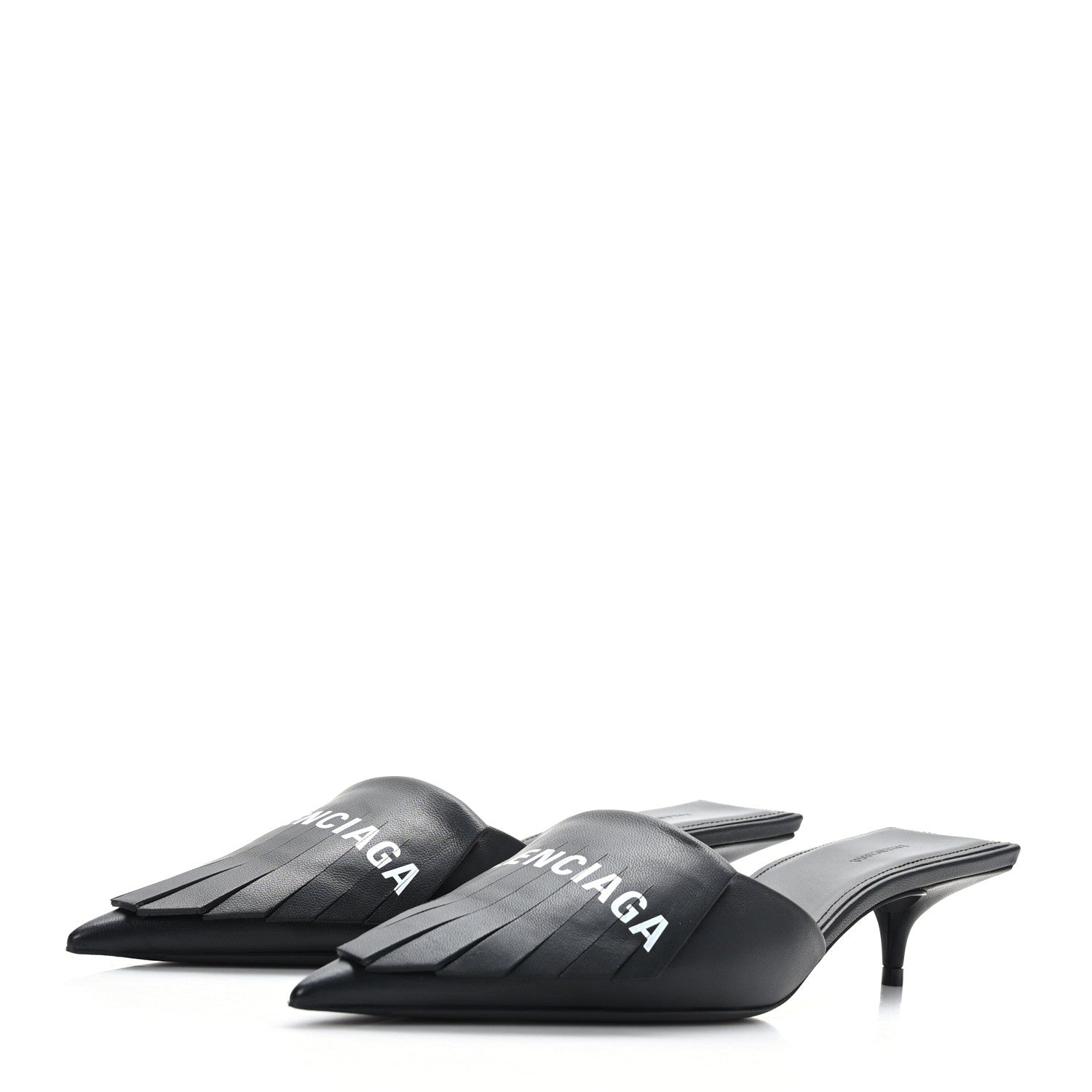 Balenciaga Soft Nappa Logo Fringe Square Knife Pointed Toe 40mm Mules 37.5 Black White 3 of 8