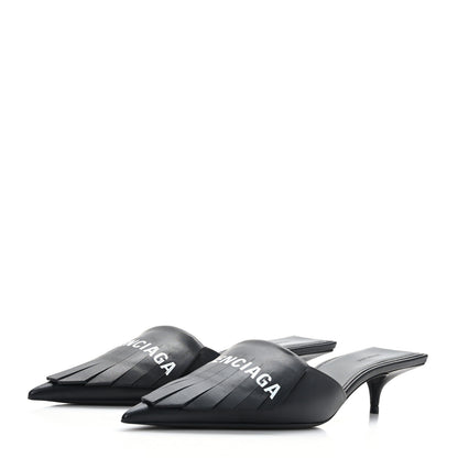 Balenciaga Soft Nappa Logo Fringe Square Knife Pointed Toe 40mm Mules 37.5 Black White 3 of 8