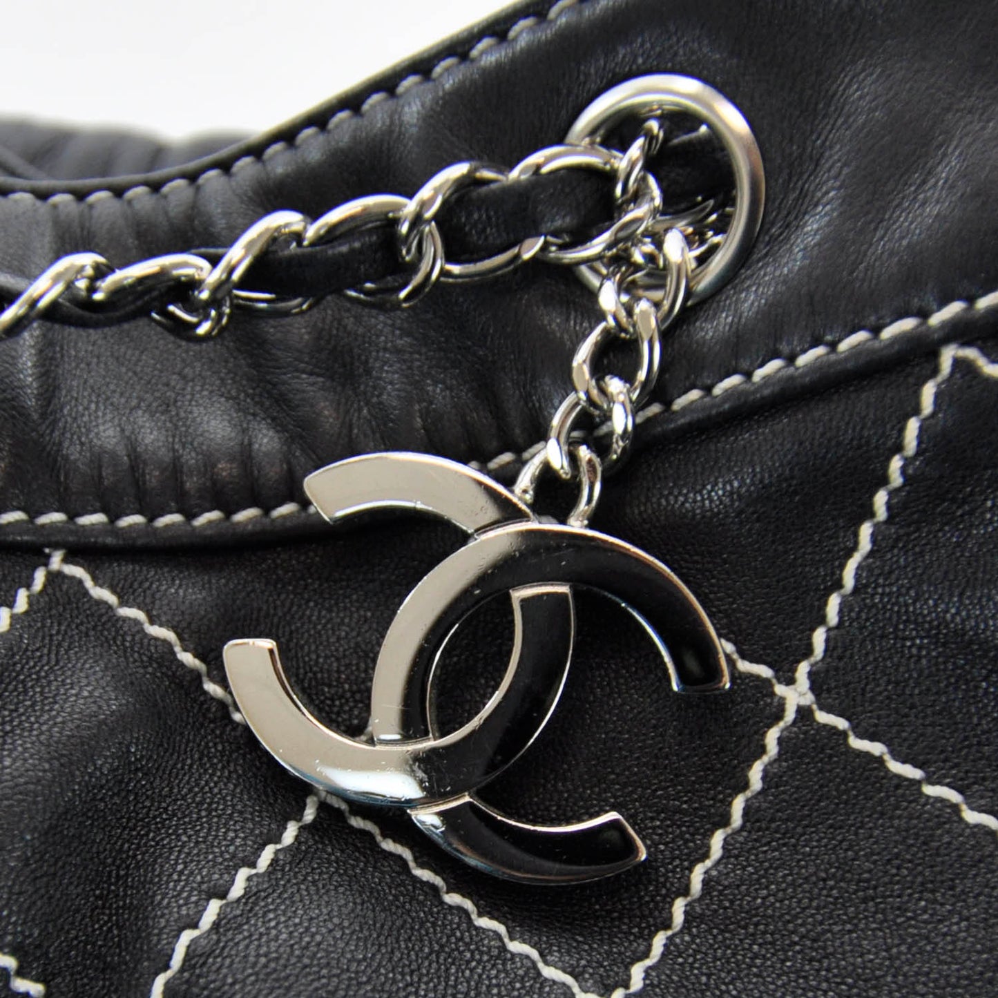 Leather Contrast Stitch Drawstring Tote Black