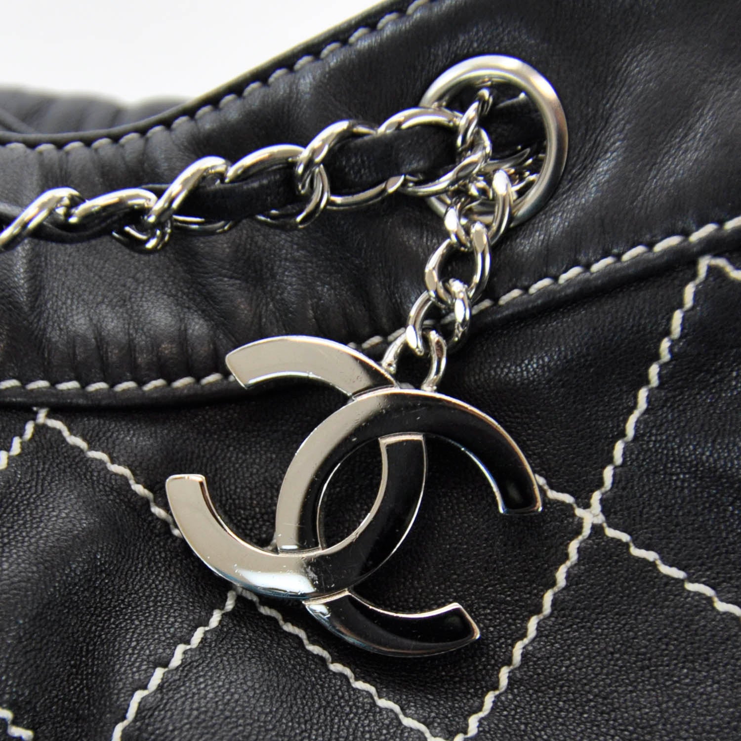 Chanel Leather Contrast Stitch Drawstring Tote Black 5 of 8