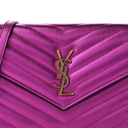 Saint Laurent Metallic Calfskin Matelasse Chevron Monogram Envelope Chain Wallet Fuchsia 9 of 9