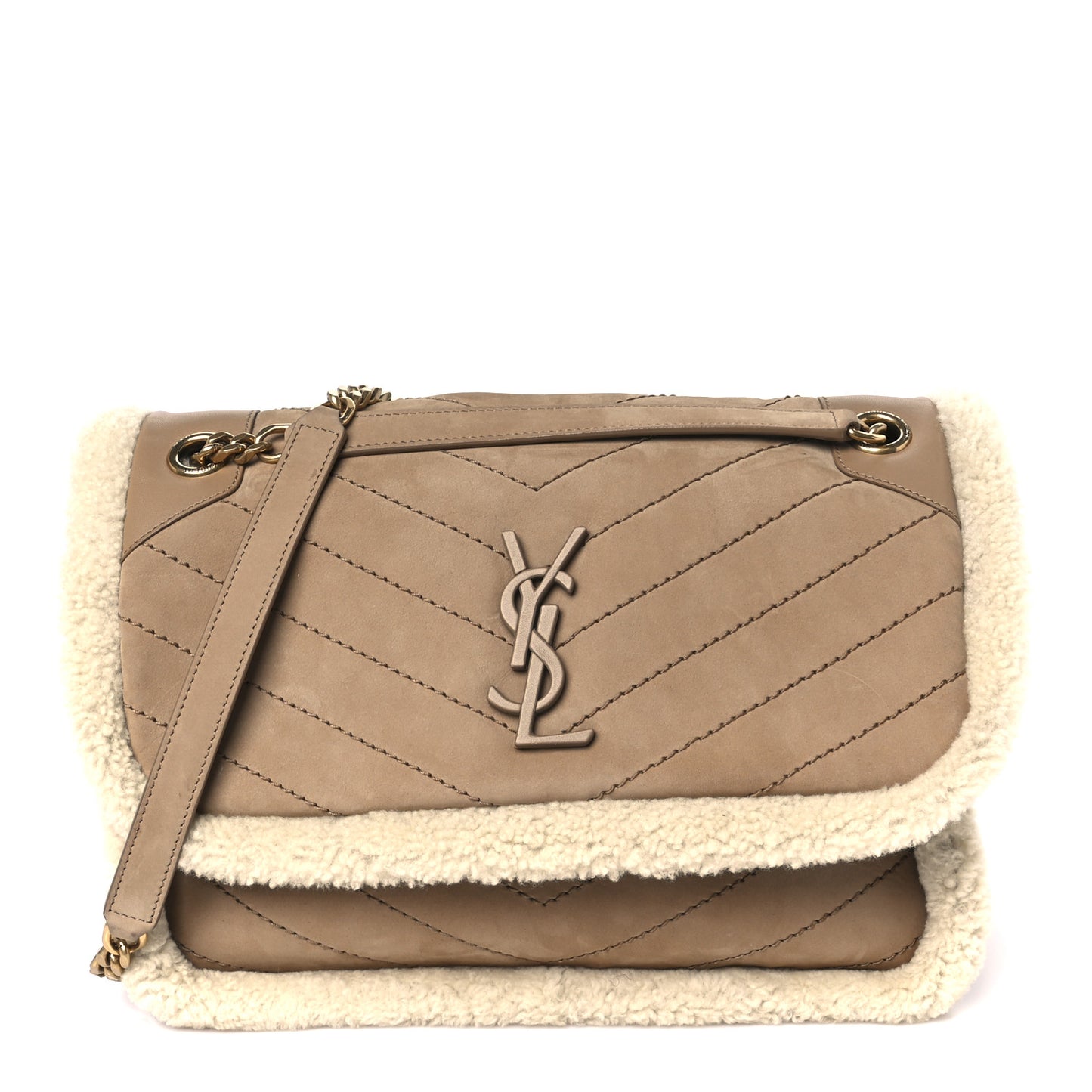 Nubuck Shearling Monogram Medium Niki Chain Satchel Ivory Natural Tan