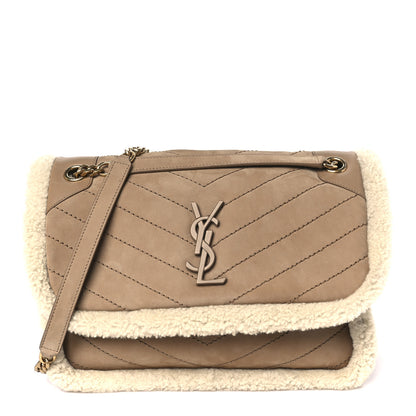 Saint Laurent Nubuck Shearling Monogram Medium Niki Chain Satchel Ivory Natural Tan 1 of 11