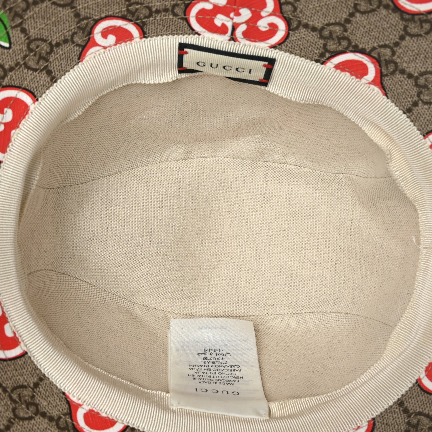 Gucci GG Supreme Monogram Apple Textured Dollar Calfskin Retro Interlocking G Fedora Pomme Bucket Hat XS Beige Ebony Red 6 of 8