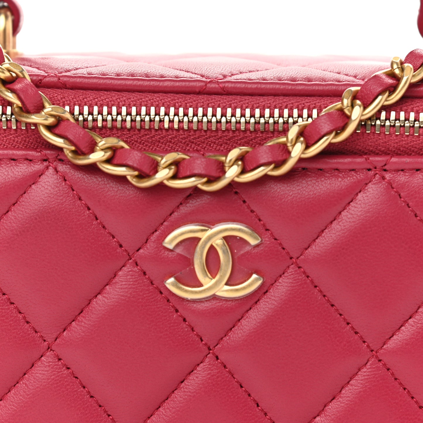 Lambskin Quilted Small Top Handle Vanity Case With Chain Dark Pink