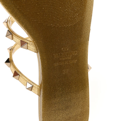 Valentino Garavani PVC Jelly Glitter Rockstud Caged Flat Thong Sandals 37 Oro 7 of 9