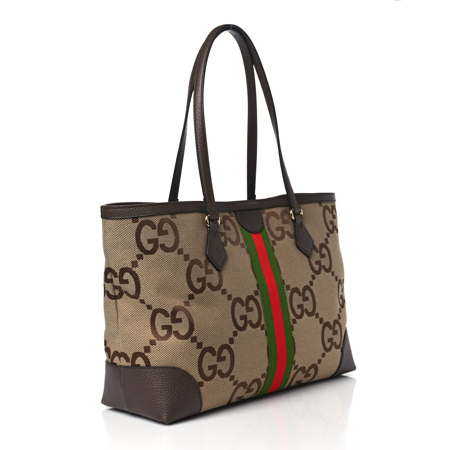Gucci Monogram Jumbo GG Textured Dollar Calfskin Web Medium Ophidia Shopping Tote Camel Ebony 3 of 9