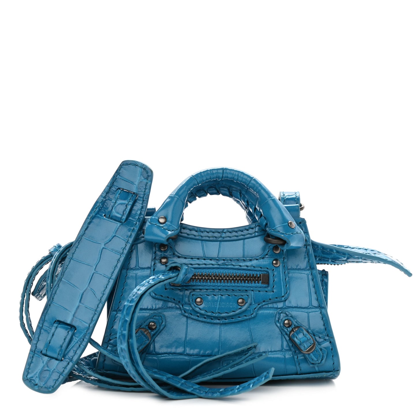 Calfskin Crocodile Embossed Neo Classic Hardware Super Nano City Crossbody Turquoise