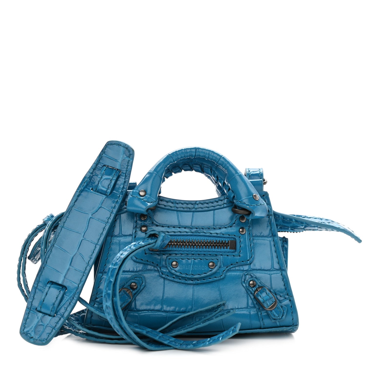 Balenciaga Calfskin Crocodile Embossed Neo Classic Hardware Super Nano City Crossbody Turquoise 2 of 9