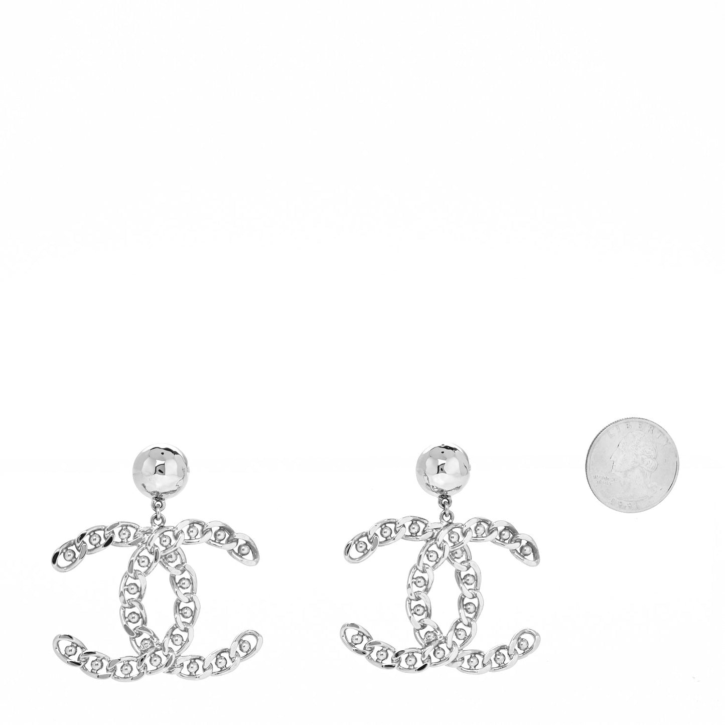 Pearl Chain Link CC Drop Earrings Silver