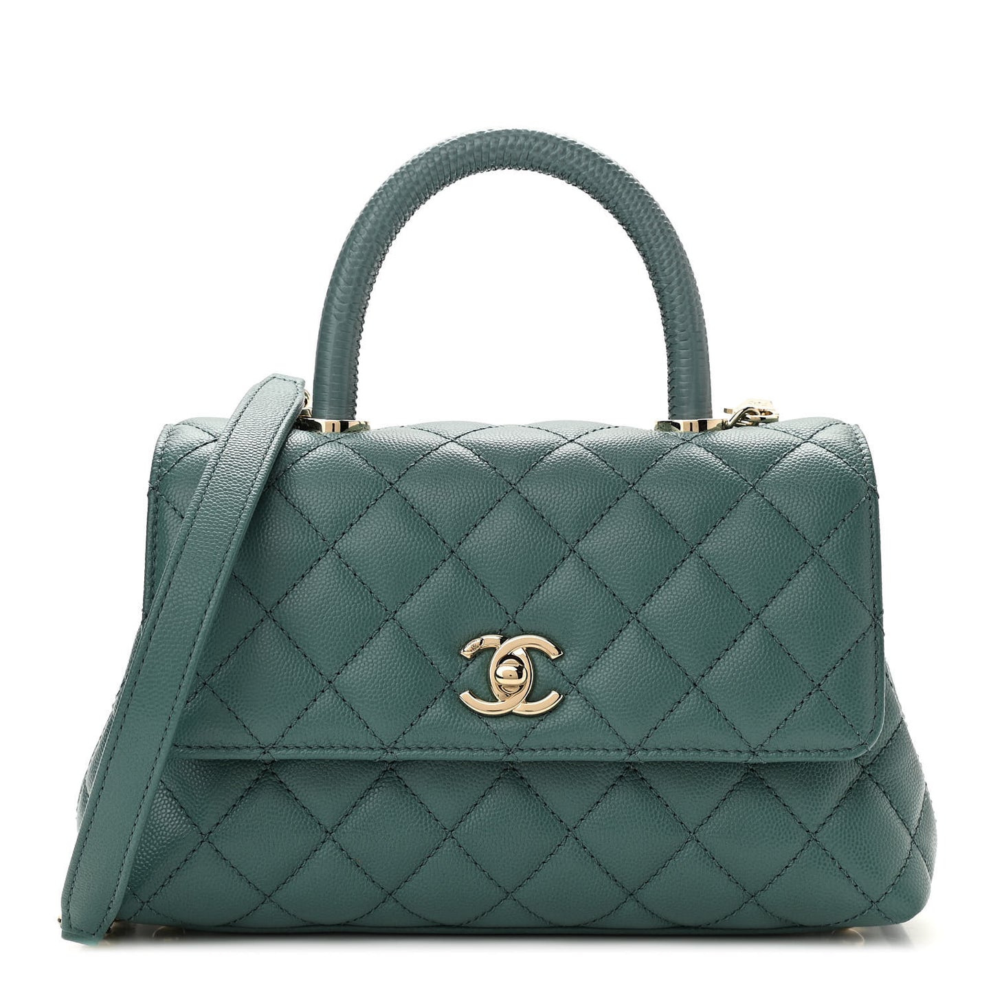 Caviar Quilted Lizard Embossed Mini Coco Handle Flap Green