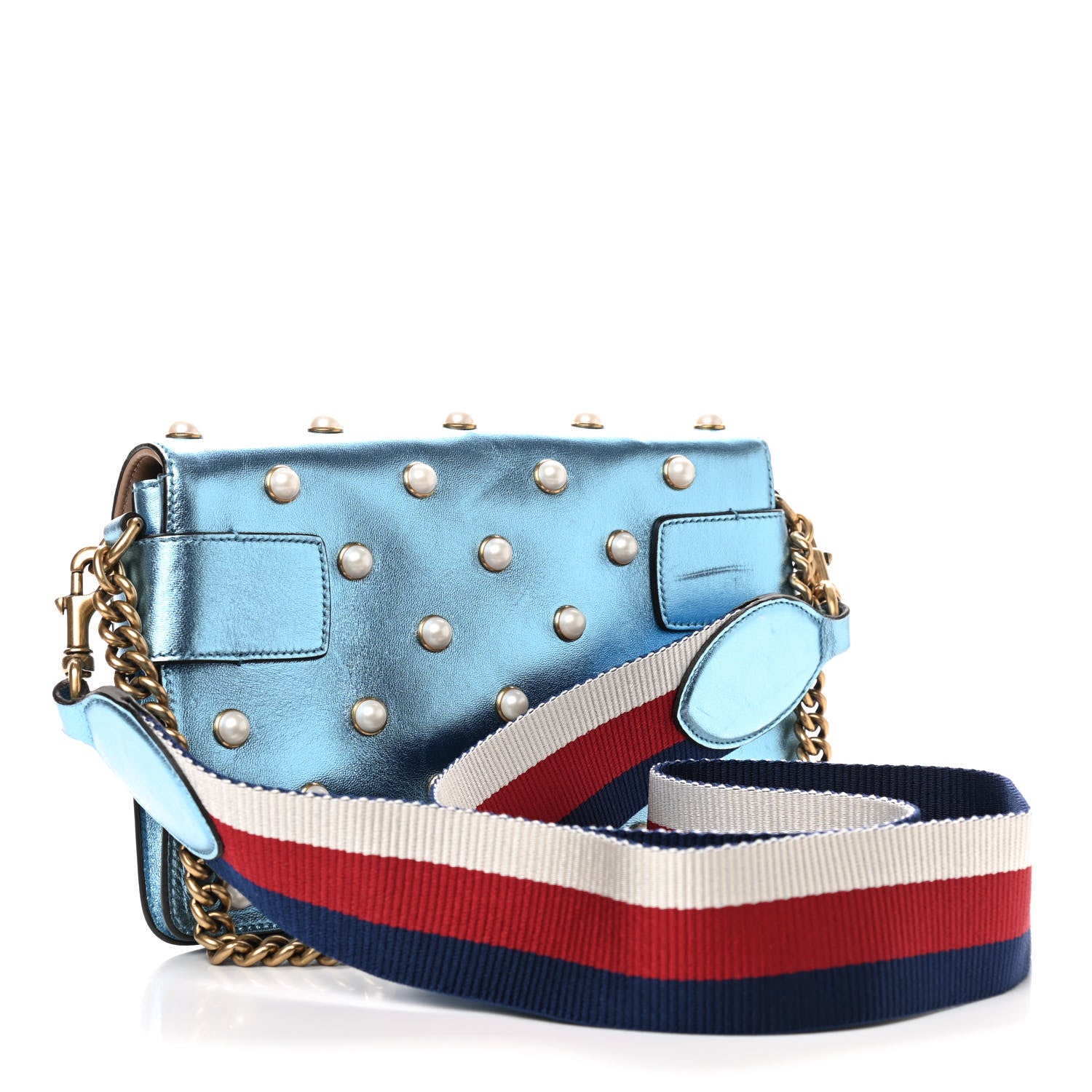 Gucci Metallic Nappa Pearl Sylvie Web Tiger Broadway Shoulder Bag Blue 3 of 14