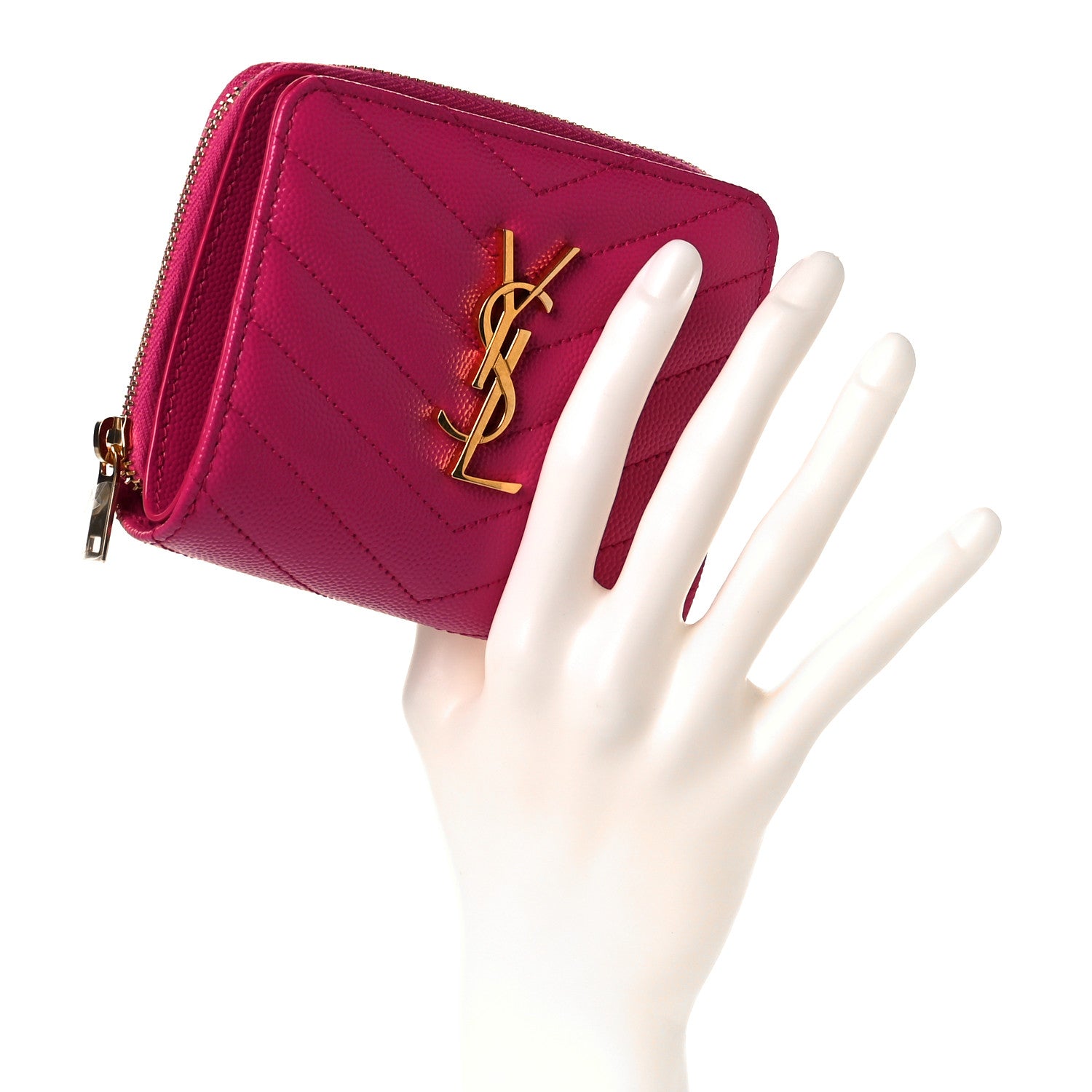 Saint Laurent Grain De Poudre Matelasse Chevron Monogram Compact Zip Around Wallet Fuxia Couture 2 of 8
