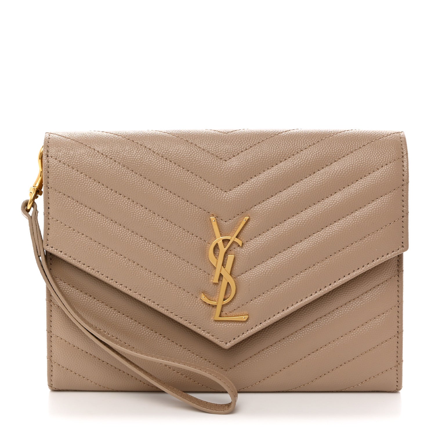Saint Laurent Grain De Poudre Matelasse Chevron Monogram Envelope Clutch Dark Beige 1 of 8