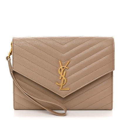 Saint Laurent Grain De Poudre Matelasse Chevron Monogram Envelope Clutch Dark Beige 1 of 8