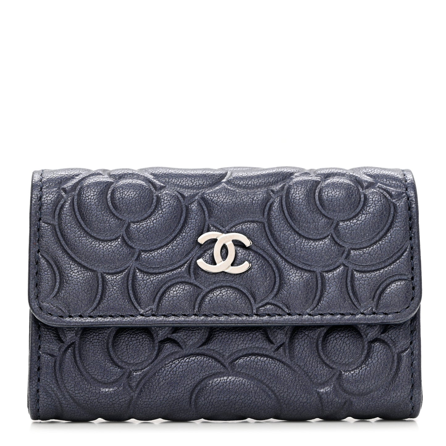Goatskin Camellia Embossed Flap Card Holder Wallet Dark Blue