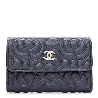 Chanel Goatskin Camellia Embossed Flap Card Holder Wallet Dark Blue 1 of 8