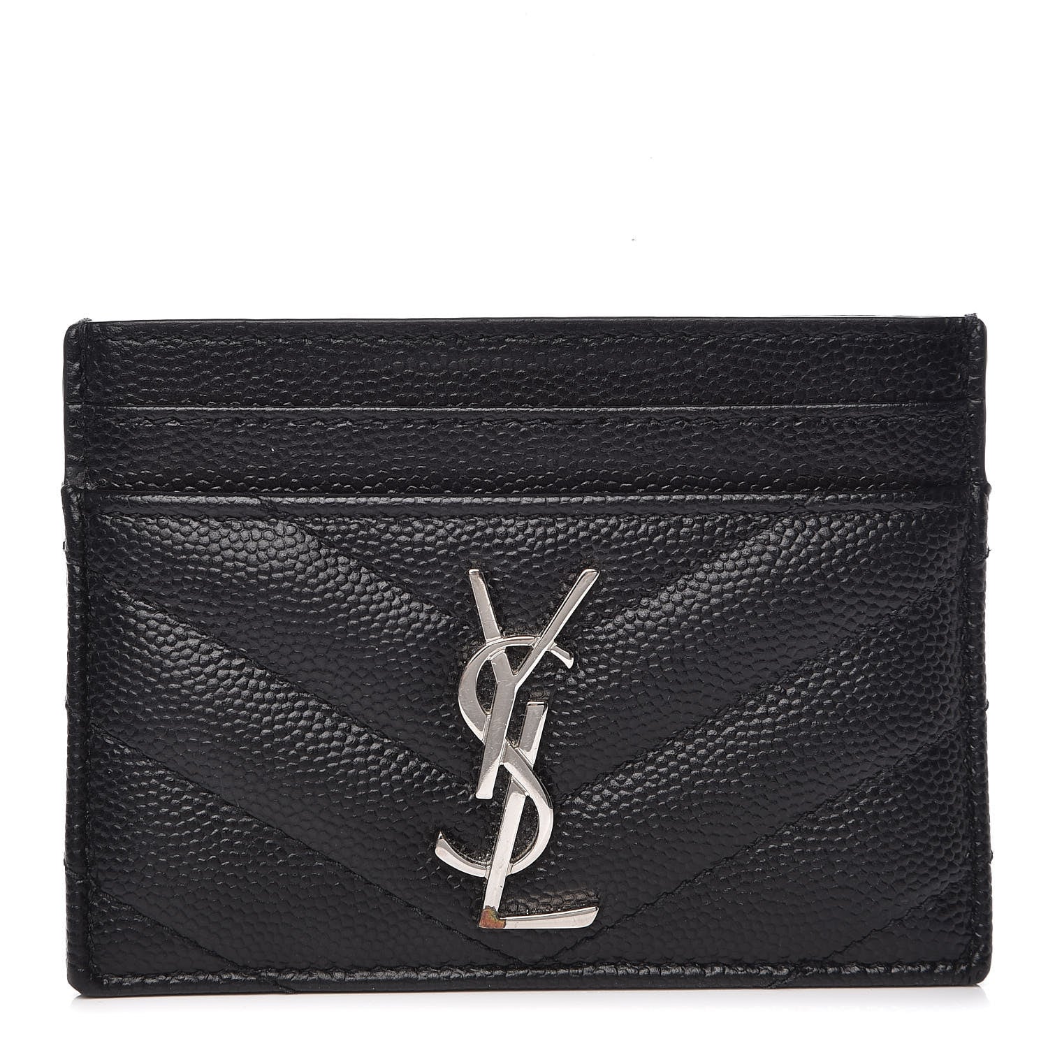 Saint Laurent Grain De Poudre Matelasse Chevron Monogram Credit Card Case Black 1 of 9