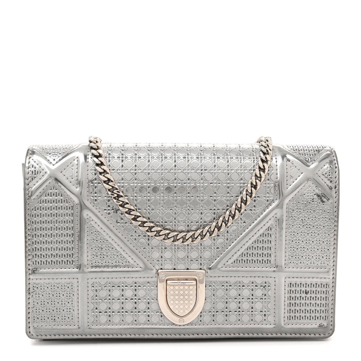 Christian Dior Metallic Patent Micro-Cannage Diorama Wallet on Chain Pouch Silver 1 of 14