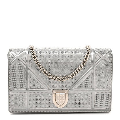 Christian Dior Metallic Patent Micro-Cannage Diorama Wallet on Chain Pouch Silver 1 of 14
