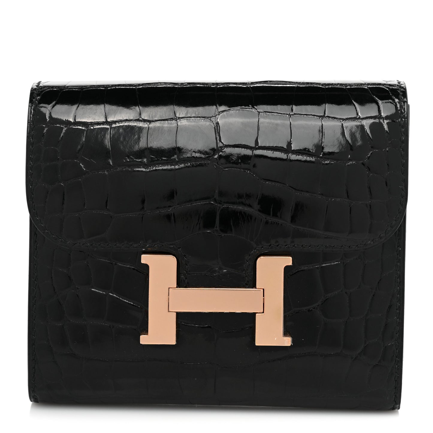 Shiny Alligator Constance Short Wallet Black