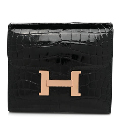 Hermes Shiny Alligator Constance Short Wallet Black 1 of 10