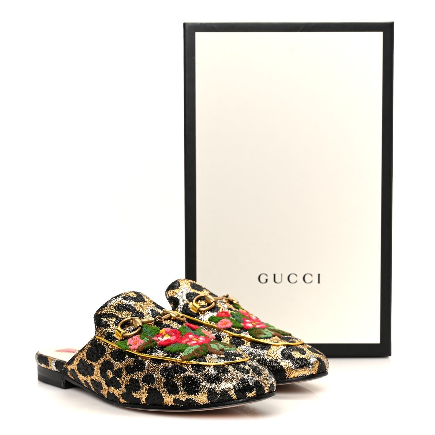 Lurex Jacquard Leopard Embroidered Womens Princetown Slippers 36.5 Black Gold