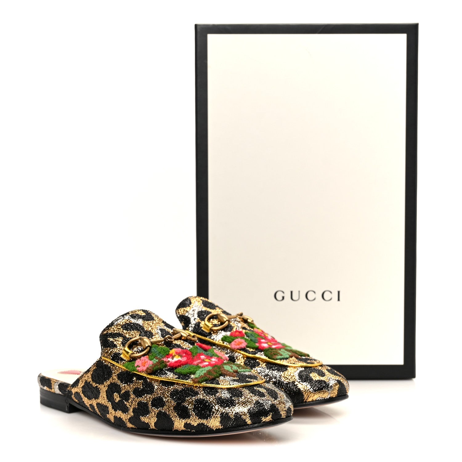 Gucci Lurex Jacquard Leopard Embroidered Womens Princetown Slippers 36.5 Black Gold 11 of 11