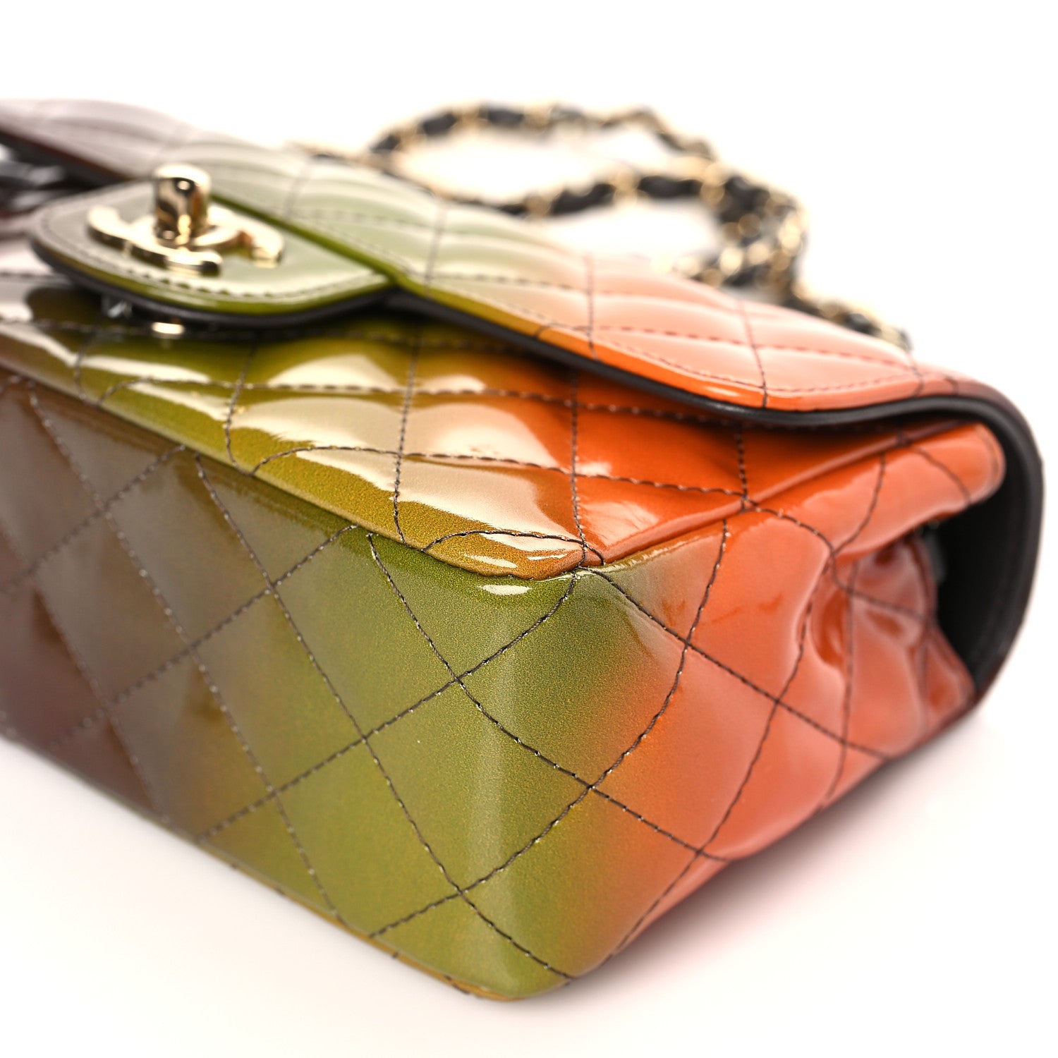 Chanel Shaded Patent Calfskin Quilted Mini Rectangular Flap Green Orange Dark Brown 9 of 9