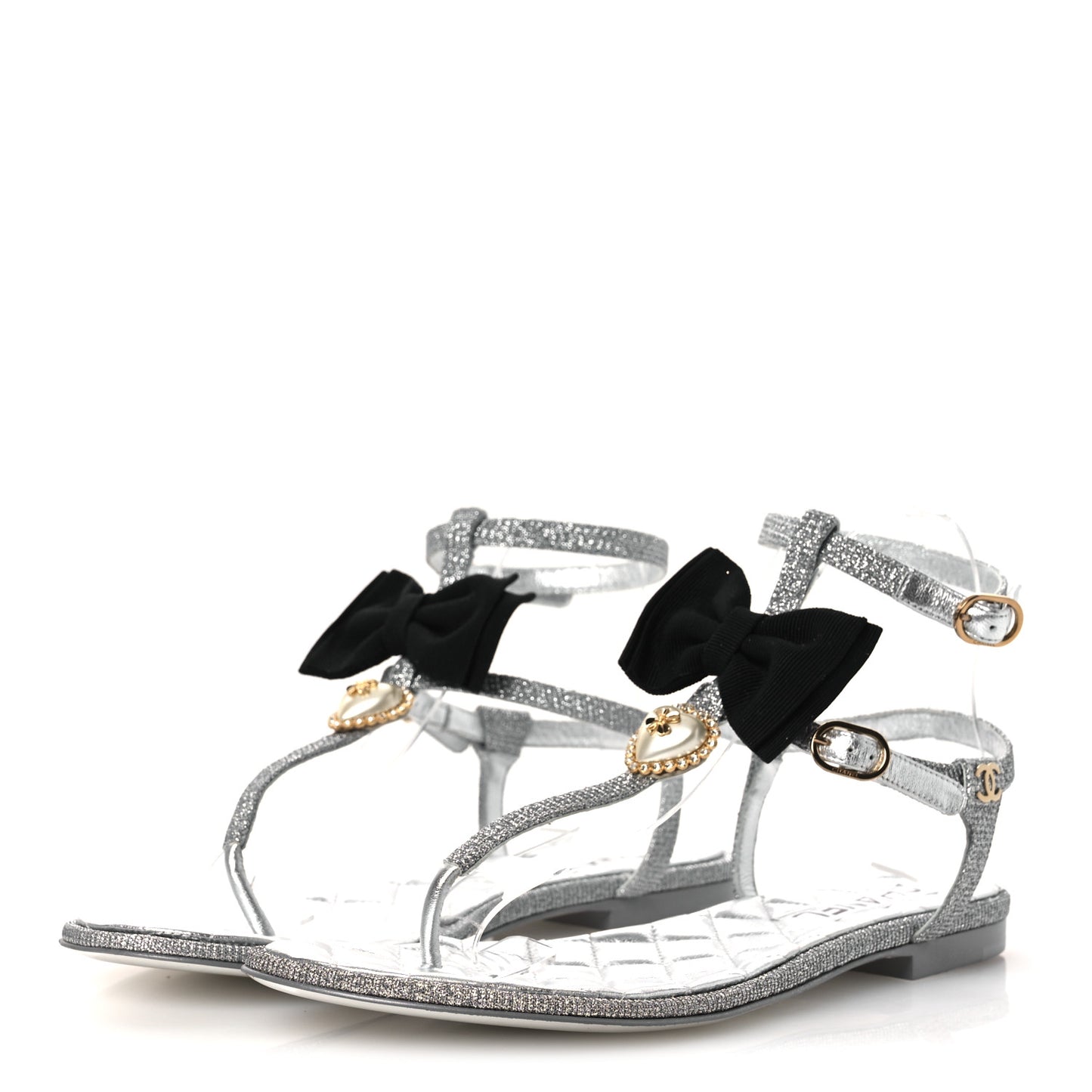 Fabric Grosgrain Pearl Crystal Thong Sandals 40 Silver Black